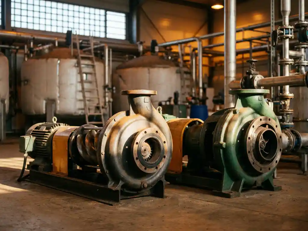 Exzenterschneckenpumpe und Zerhackerpumpe auf Betonboden einer Biogasanlage, Faulbehälter und Stahlrohre im Hintergrund.